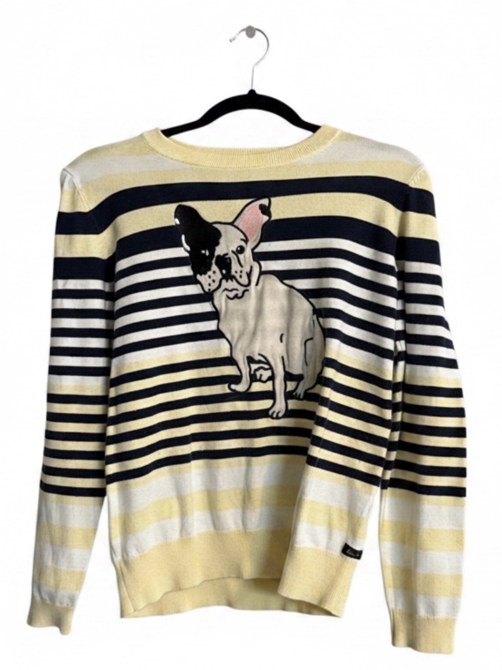 Striped Yellow & Navy Sweater French bull dog Dog print over butter yellow navy